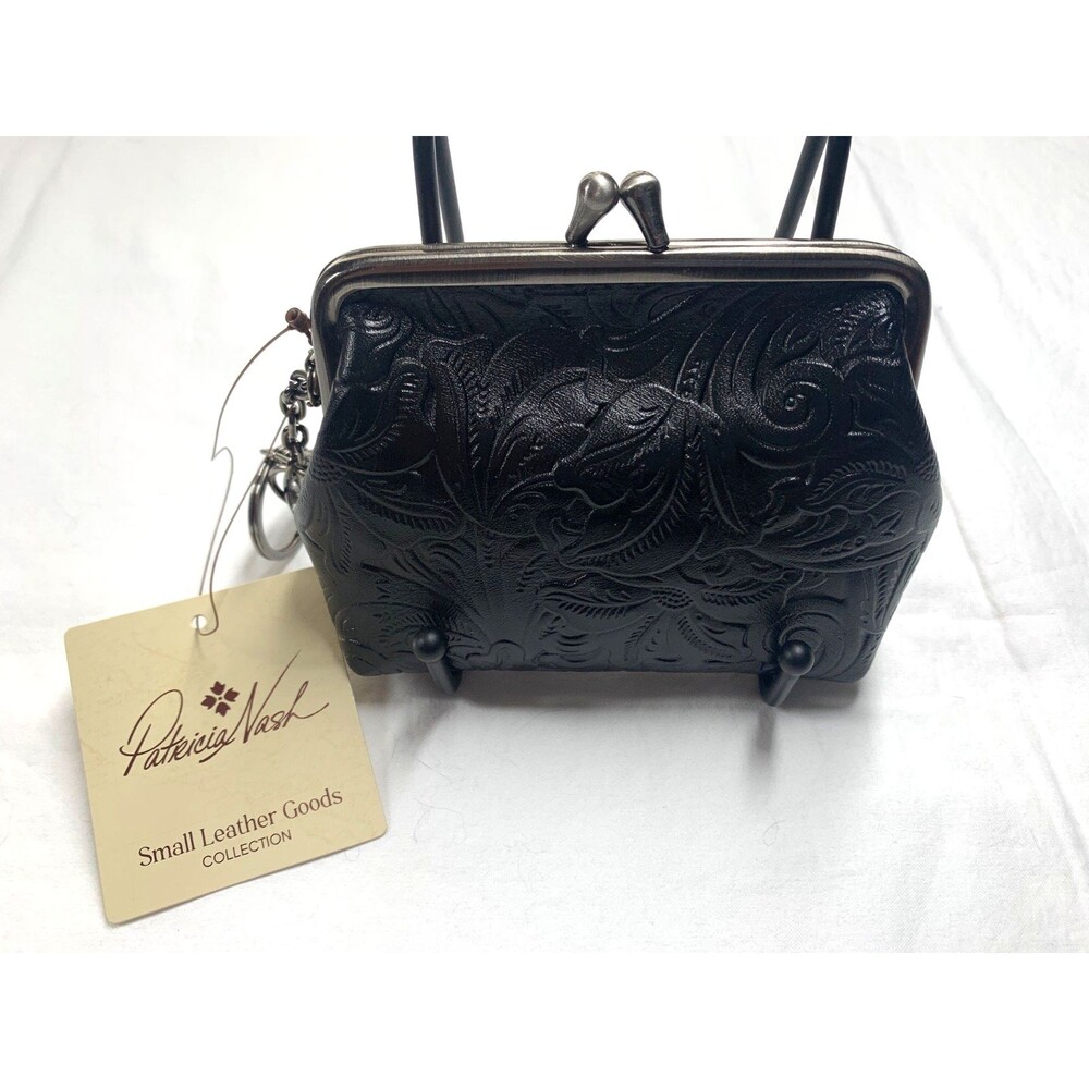 Patricia Nash Borse Tooled Black Leather Kiss Lock Coin Wallet Purse NWT